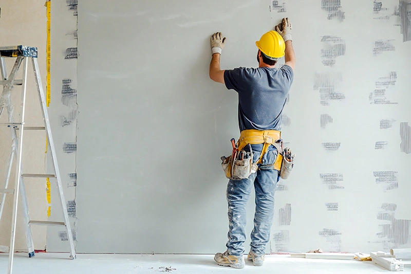 Bild eines Handwerkers mit Schutzhelm und Werkzeug bei Renovierungsarbeiten einer Wand